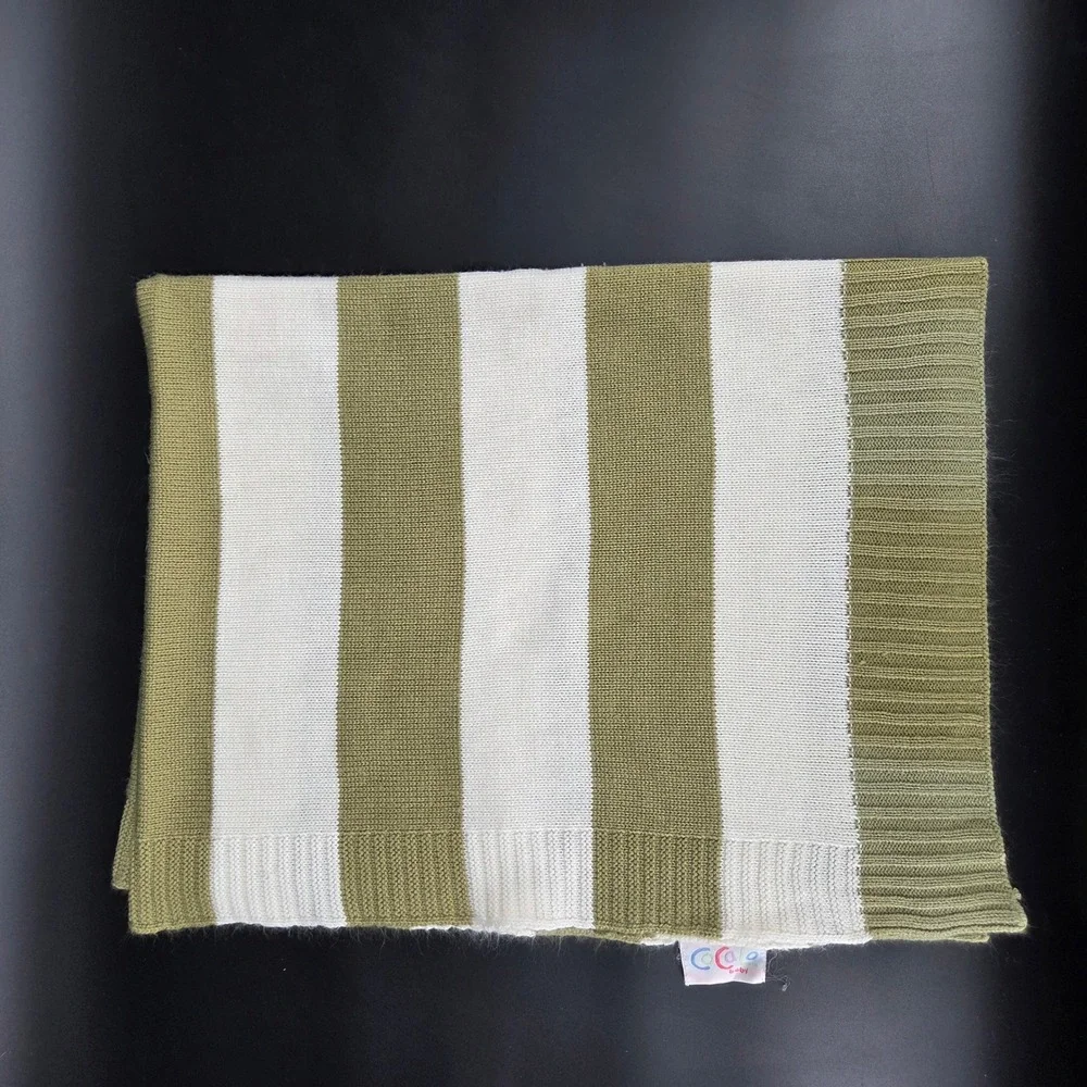 Cocalo Baby Knit Blanket Sage Green Cream Striped Ribbed Trim Soft Nursery